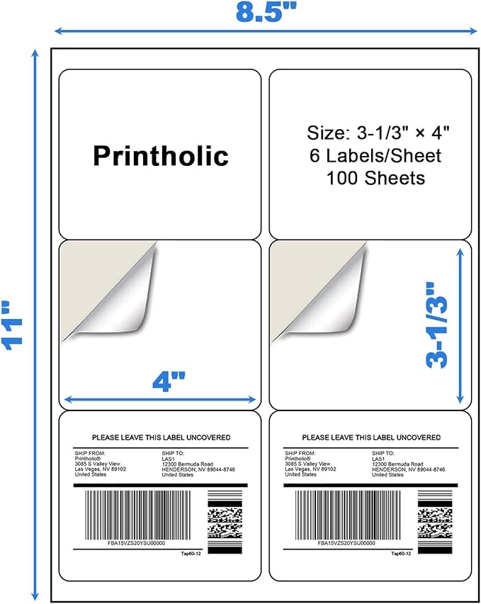 Printholic 600 6 Per Sheet Label Address Labels 3-1/3" x 4" Self Adhesive Sheets Shipping Labels Easy Peel & Feed White Stickers for Laser & Inkjet Printers (100 Sheets, 600 Labels)