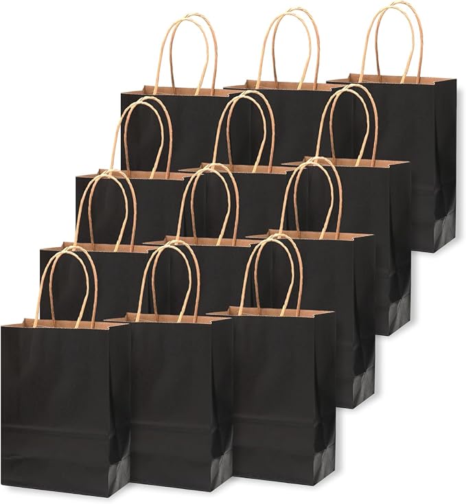 qiqee 200-Packs Black Paper Gift Bags with Handles Bulk 4.5"x2.5"x6" Mini Size Paper Bags Multiple Uses