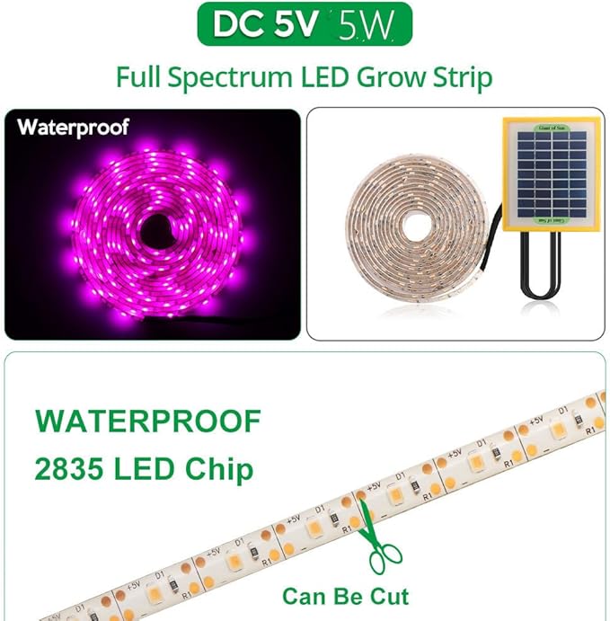 Solar Panel LED Grow Light Full Spectrum 5V Grow Light Strip 3M 2835 LED Phyto Lamps 9.84ft Flower Seed Hydroponic Light for Indoor Plants Greenhouse Hydroponic Seedling Growing Lamp