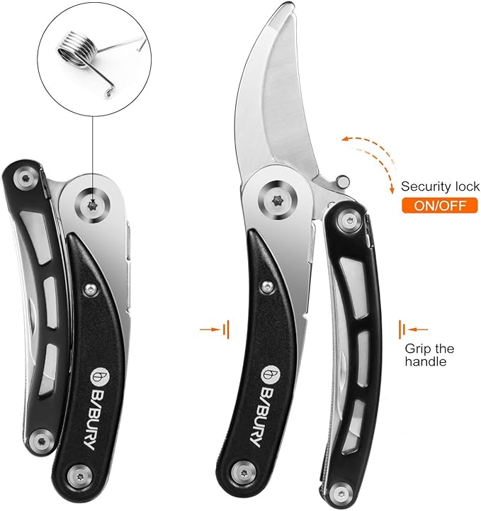 BIBURY Gardening Hand Pruners, 5 in 1 Multitools Folding Scissors 420 Stainless Steel Pruning Shears Bonsai Cutters for Tree Trimmers Secateurs,Garden Scissors,Garden Shears,Clippers for The Garden
