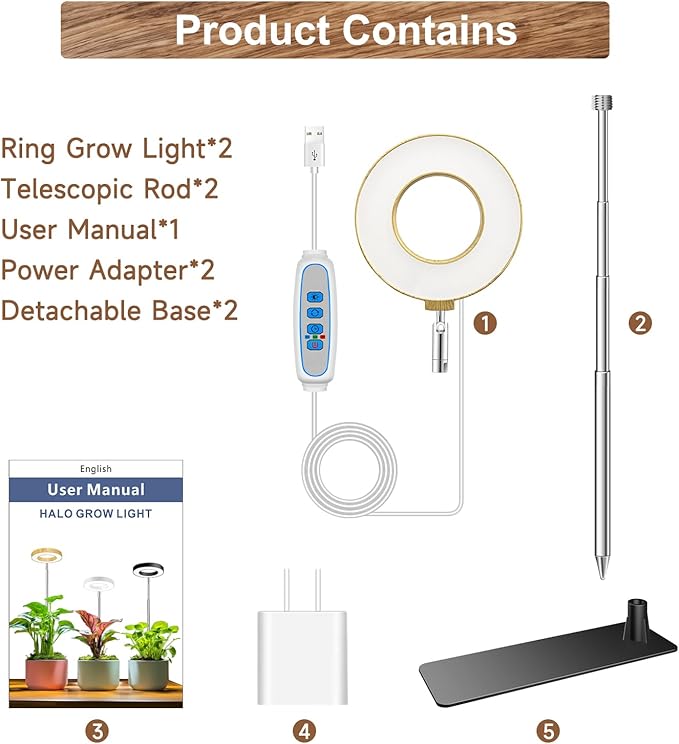 Plant Grow Light, 48 LEDs Full Spectrum Grow Lights for Indoor Plants, Height Adjustable Faux Wood Grain Small Grow Light with Base, 3 Optional Spectrums, Auto Timer 6/12/16Hrs, 5 Brightness