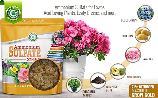 Ammonium Sulfate Fertilizer AMS 21-0-0 +24% Sulfur - Made in USA Plant Food for Indoor/Outdoor Plants & Flower Gardens - Promotes Lush Growth - Green Lawns, Fruit, Vegetables, Acid Loving Plants