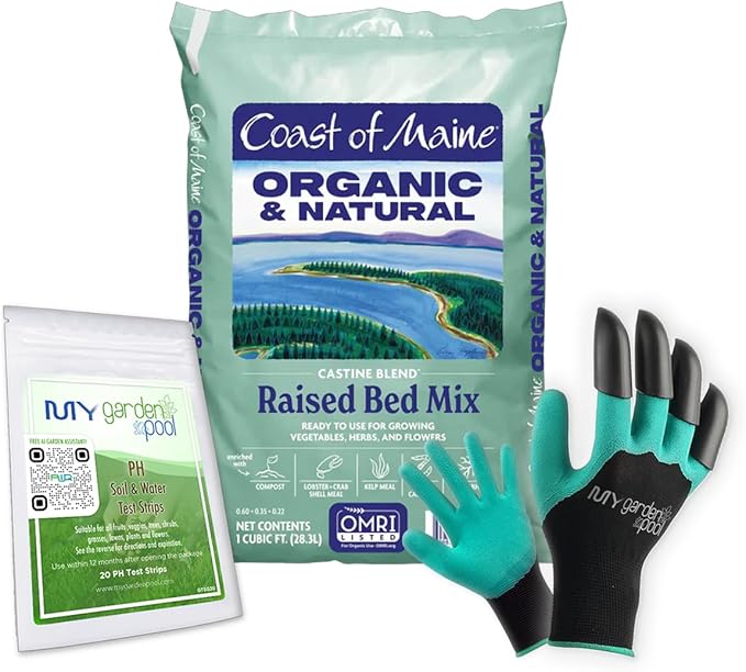 Coast of Maine CA1000 Castine Raised Bed Mix 1 cf with My Garden Pool 7-in-1 Soil Test Strips, 20 ct. and Claw Gardening Gloves