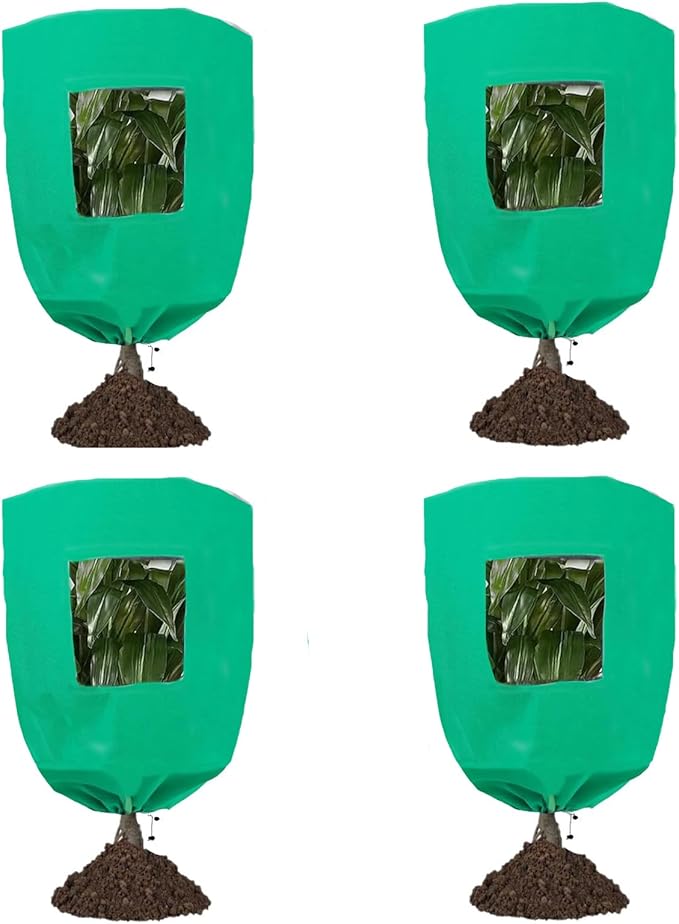 CMINGJ Plant Frost Protection Covers with Viewing Window, 31.5" x 47.2", 2.06oz/yd², Reusable Drawstring Tree Cover, Winter Tree Blanket with Zipper for Plants, Frost Protection Cloth Green (4 Pack)