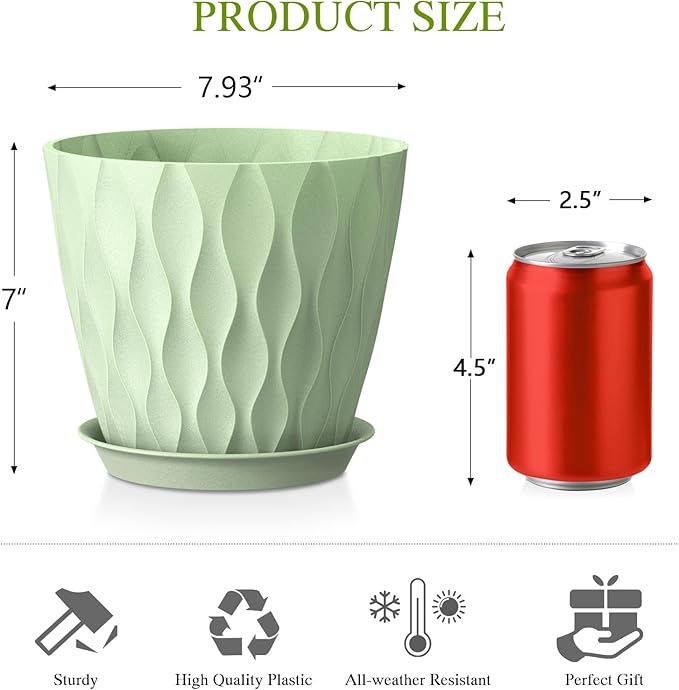 8" Water Wave Plant Pots with Drainage Holes & Saucers, 4 Pack Modern Textured Medium Planters for Indoor Outdoor Plants, Decorative Flower Pots Repotting Set for Flowers, Herbs (Green)