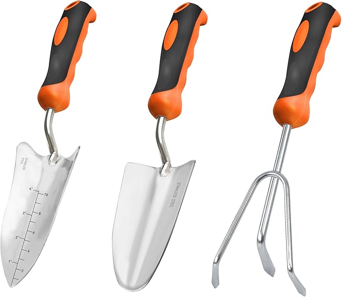 Garden Tool Set 3-in-1 with Heavy-Duty Trowel, Transplanter & Cultivator for Digging and Planting, Polished Cast-Aluminum Heads for Rust Resistance, Non-Slip SoftGrip Handles Reduce Fatigue