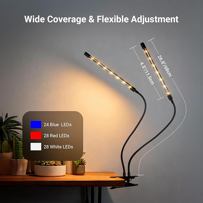 NEEWER Entry Level Version Dual Bar Grow Lights for Indoor Plants, Full Spectrum Clip Plant Growing Lamp with 80 Blue, Red, White LEDs, 3/9/12H Timer, Dimmable for Gardening Seed Starting Bonsai, N29