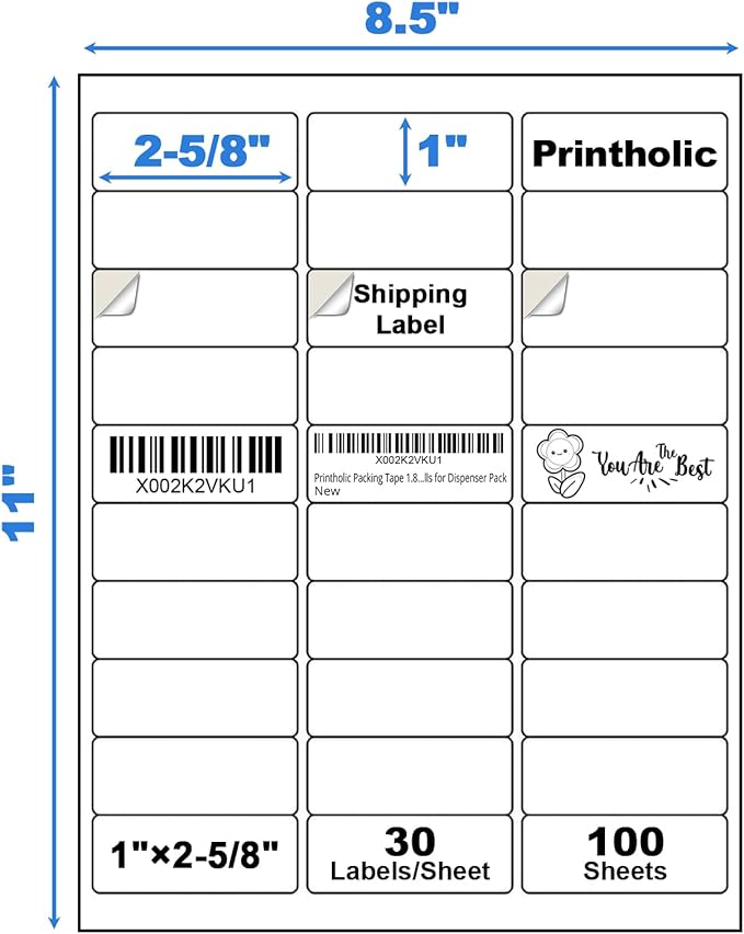 Printholic 3000 30 Per Sheet Self Adhesive 1" x 2-5/8" Address Shipping Labels for Laser & Inkjet Printers, 100 Sheets, 30 Per Labels Per Page