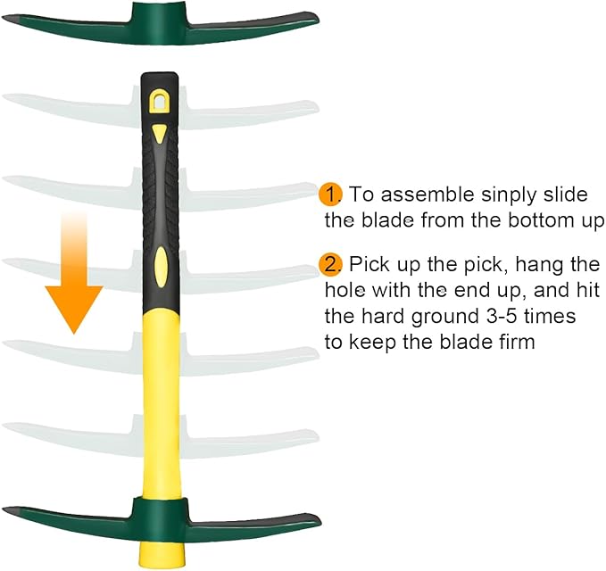 Forged Adze Pick, Weeding Mattock Hoe, Pick Axe 15-Inch, One Piece Intact Drop Forged, Plastic Coated Fiberglass Handle, 1.4LB