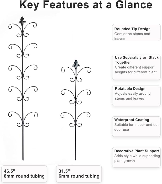 2 Pack Monstera Plant Support Stakes, 31.5 Inch and 46.5 Inch Metal Stake for Indoor Plants, Outdoor Climbing Plant Trellis for Monstera, Pothos, Black