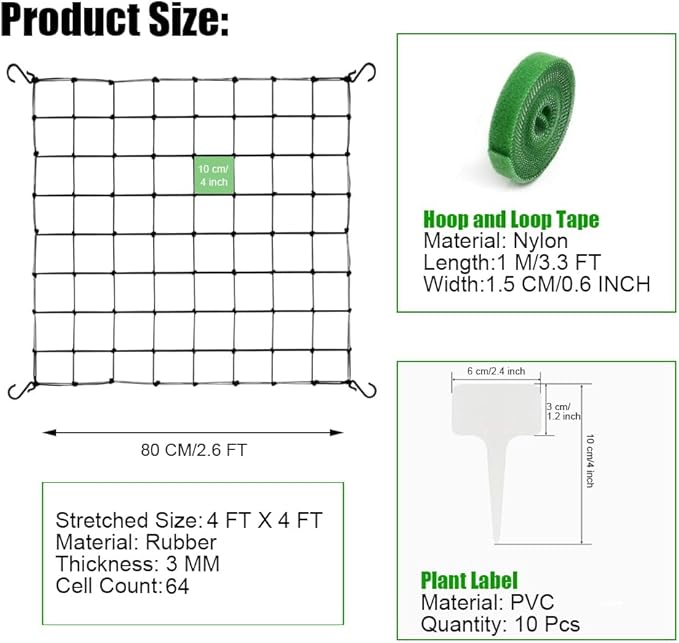 2 Pack Scrog net 4x4 FT Trellis Net for Grow Tent Elastic Net with 8 Hooks for Indoor Plant Growing Tents Garden Plant Climbing Plants Support Each Mesh 64 Cell