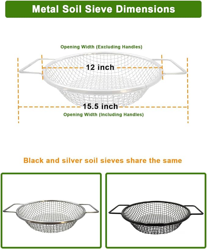 Black Dirt Soil Sifter for Gardening - 2Pcs Multi Mesh Size Set (1/8",1/4") Heavy Duty Garden Sieve with Dual Handles, Ideal for 5 Gallon Bucket Compost, Dirt, Sand, Gravel, Rocks & Sawdust Sifter