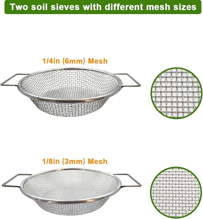 Black Dirt Soil Sifter for Gardening - 2Pcs Multi Mesh Size Set (1/8",1/4") Heavy Duty Garden Sieve with Dual Handles, Ideal for 5 Gallon Bucket Compost, Dirt, Sand, Gravel, Rocks & Sawdust Sifter
