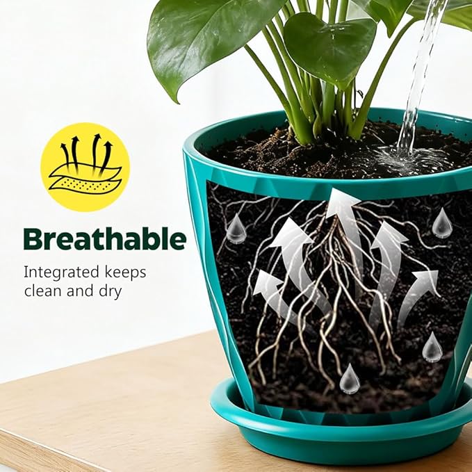 Plant Pots, Self Watering Planters with Drainage Holes and Trays, Flower Pots for Indoor Outdoor - 6 Pack(4/5/6/6.5/7/8 Inch) (Dark Green)