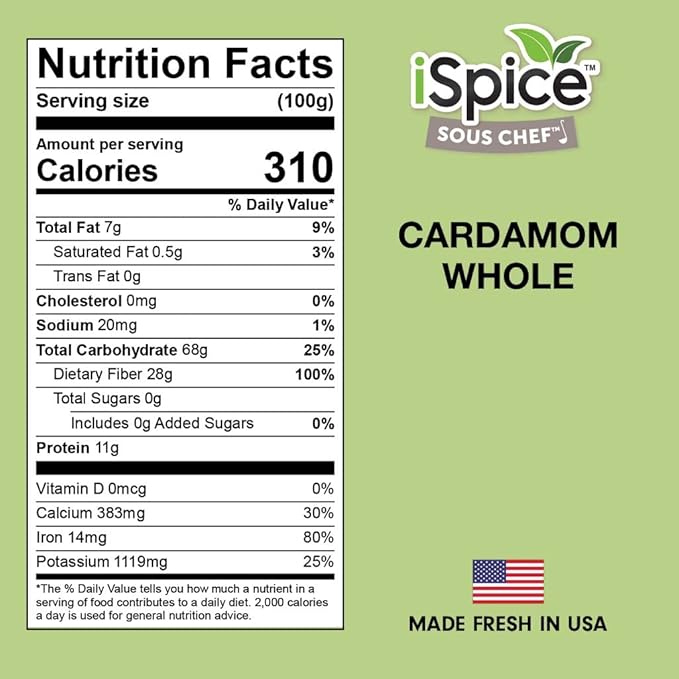iSpice Cardamom Seeds Whole (3.9 Oz) 110g | Cardamom Pods Whole Pure And Fresh | Kosher | Aromatic Essential Kitchen Herbs