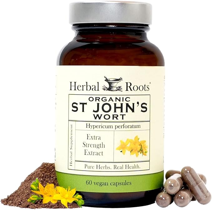 Herbal Roots Organic St Johns Wort Capsules | 450 mg per Serving | No Binders or Fillers Non GMO | 60 Vegan Capsules
