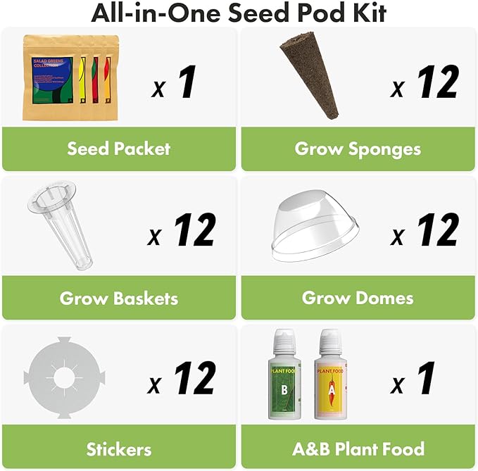 LYKOCLEAN 12 Pods Salad Greens Seed Pod Kit for AeroGarden, idoo Hydroponic Growing System Include American Fast Lettuce, Paris Island Lettuce, Cauliflower, Spinach, Buttercrunch Lettuce, 400+ Seeds
