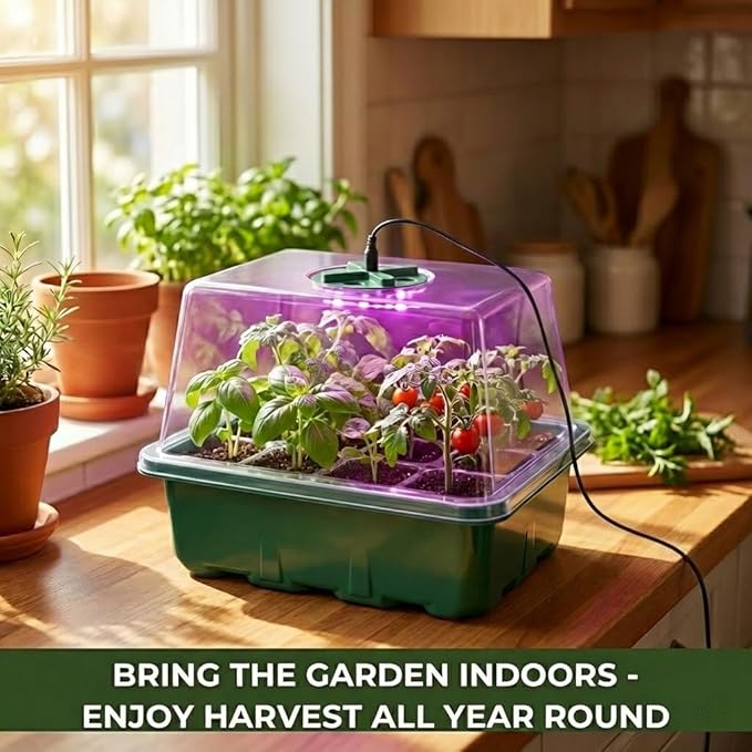 Seed Starter Tray kit with Grow Lights, 48 Cells Total (4 Trays of 12), Full Spectrum Mini Greenhouse for Indoor Plant Germination, Green