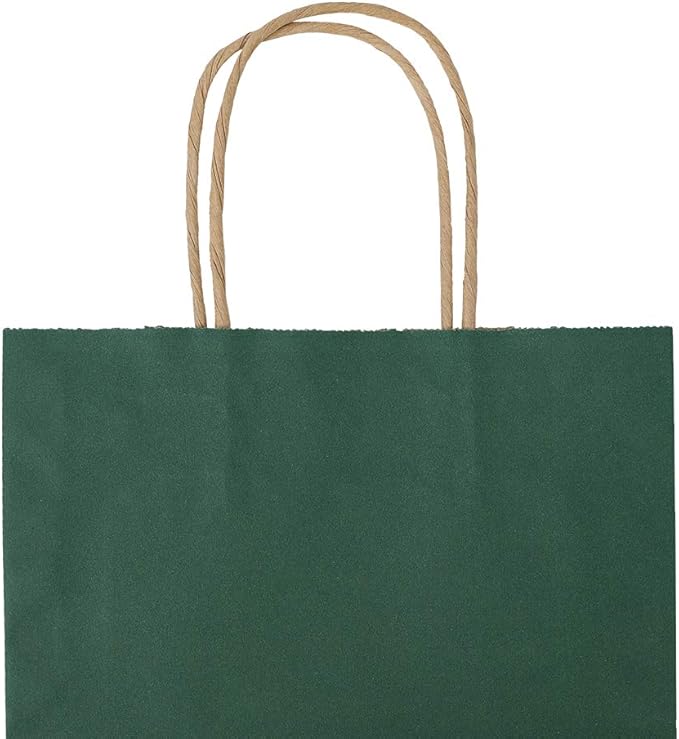 bagmad 100 Pack 8x4.75x10 Inch Medium Green Gift Paper Bags with Handles Bulk, Kraft Bags, Craft Grocery Shopping Retail Party Favors Wedding Business Sacks (Dark Green, 100pcs)