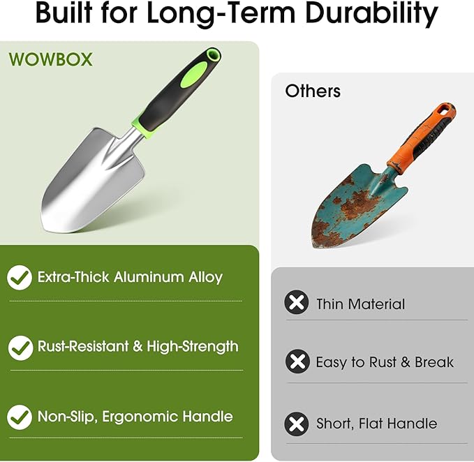 WOWBOX Garden Tools Set - 10 PCS, Heavy Duty Gardening Hand Tools Kit with Storage Tote, Rust-Resistant Gardening Supplies for Planting with Non-Slip Ergonomic Handle for Women and Men (Green)