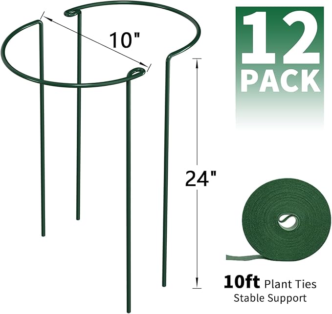 AMAGABELI GARDEN & HOME 12 Pack Plant Support Stakes 10" W x 24" H Heavy Duty Half Round Peony Cage Metal Garden Support Structures Plant Cage with Ties for Indoor Flower Tomato Hydrangea Monstera