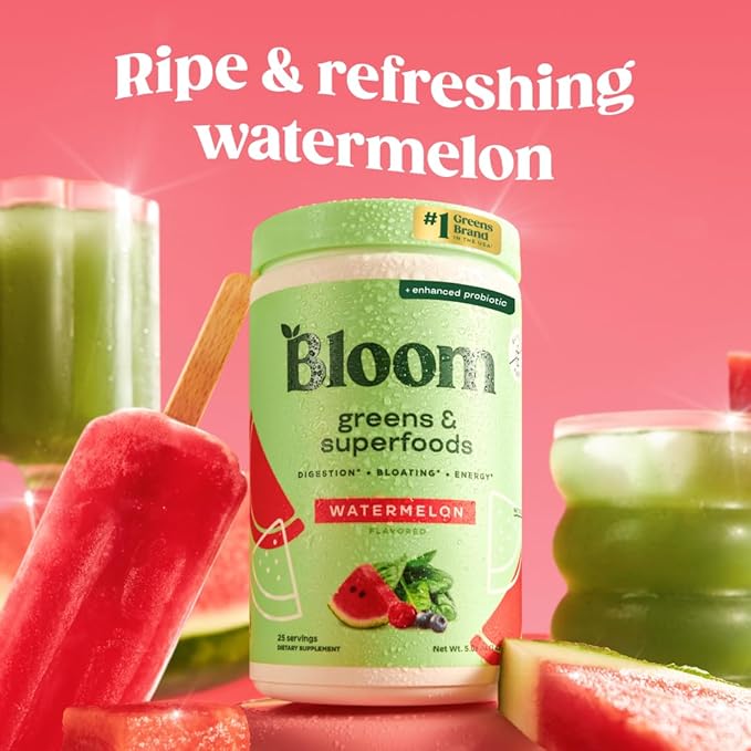 Bloom Nutrition Superfood Greens Powder, Digestive Enzymes with Probiotics and Prebiotics, Gut Health, Bloating Relief for Women, Chlorella, Green Juice Mix with Beet Root Powder, 25 SVG, Watermelon