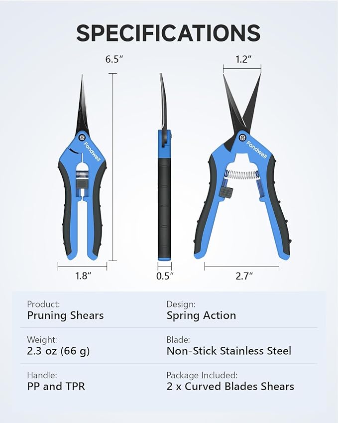 Fondwell 6.5" Garden Shears Pruning Scissors: 2 Pack of Lightweight Bud Trimming Scissors for Precision Cutting - Non-Stick Curved Blade