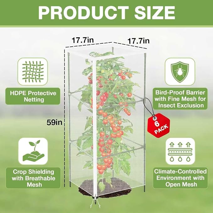 6 Pack 59" x 17.7" Garden Bird Netting for Square Tomato Cage, Tomato Trellis Netting with Zipper & Drawstring, Insect Bird Barrier Plant Cover