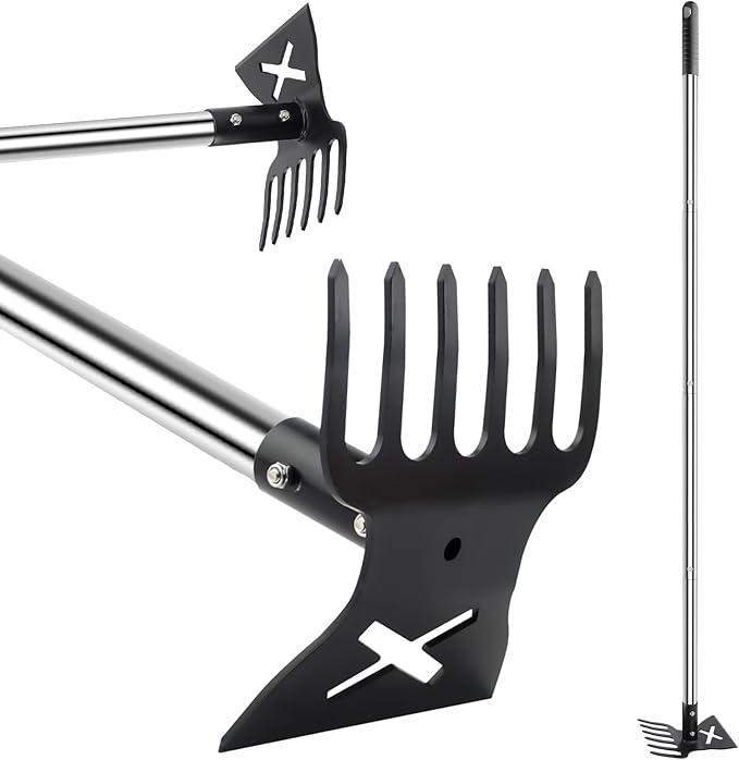 2 in 1 Garden Hoe and Cultivator Weeding Rake 6 Tines, Manual Weed Puller Tool with Long Handle, 56" Heavy Duty Hand Weeder Remover Tools for Patio, Lawn, Garden, Flower Beds, Loosen Soil and Planting