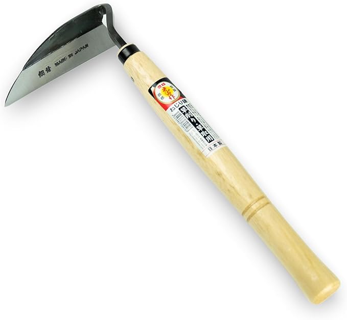 HONEN Japanese Nejiri Kama Weeding Sickle, Sharp Composite Steel Hand Weeder for Precise Weed Removal in Tight Spaces, Wood Handle, Made in Japan