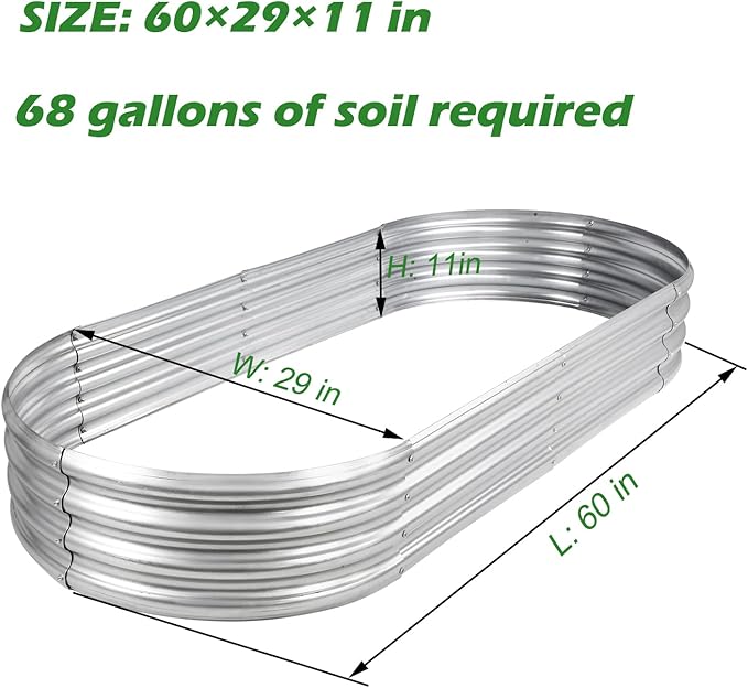 Raised Garden Bed GRS Certified Galvanized Planter Box Outdoor, 5ft Oval Rot-Resistant Metal Garden Bed Planter, Recycled Material Planter for Vegetables Flowers Herbs (Silver)