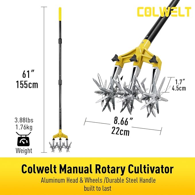 Colwelt Rotary Cultivator Garden Tool 61’’, Hand Tiller Garden Tool with Detachable Aluminum Tines, Cultivators for Gardening Soil or Reseeding Grass, Manual Cultivators & Tillers for Flowers Beds