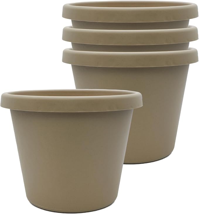 The HC Companies 8 Inch Prima Round Planter Pots with Drainage Holes and Rolled Rim, Lightweight UV-Resistant Plastic Indoor & Outdoor Planters, 4-Pack Flower Pots for Garden & Home Decor, Sandstone
