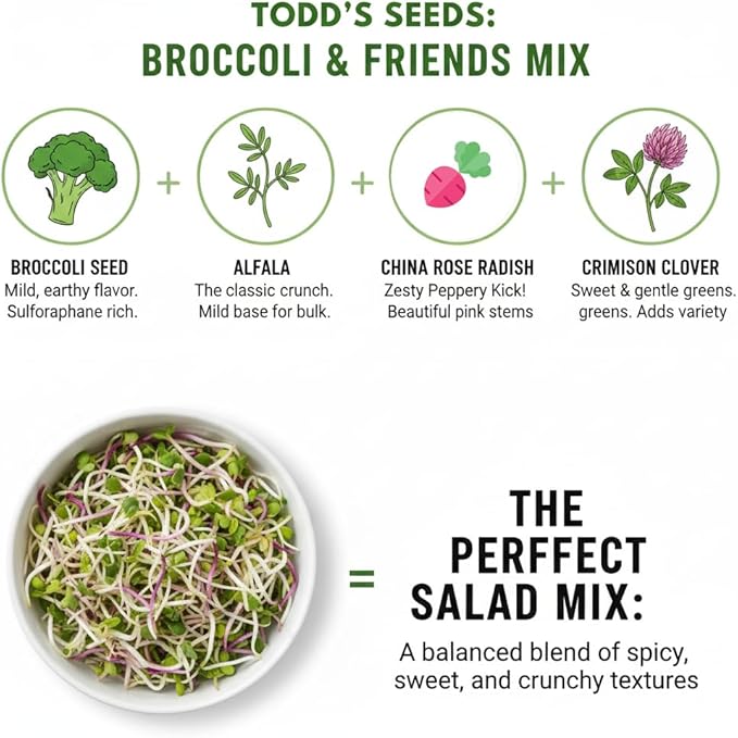 Todd's Seeds Broccoli and Friends Sprouting Seed Mix: Broccoli, Crimson Clover, Red Radish, Alfalfa, Non-GMO, Chemical Free, High Germination (1/4 Pound)