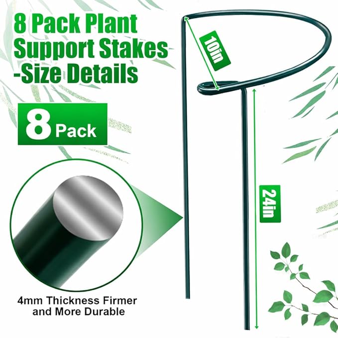 8 Pack Peony Support Cages, 10" W x 24" H Half Round Peony Plant Supports, Heavy Duty Metal Plant Support Stakes, Green Garden Plant Support Rings for Peony, Hydrangea, Roses & Flowers