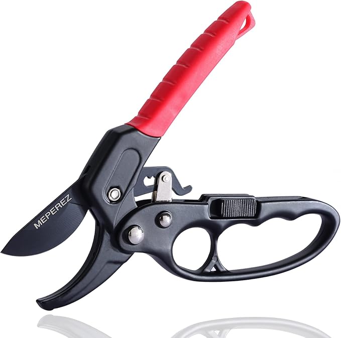 MEPEREZ Ultra Sharp Germany Steel Pruning Shears - Cuts 3X Easier, Weak Hand Arthritis Snips, Rust-Resistant, Effortlessly 1-Inch Cut Capacity Garden Scissors, Ergonomic Handle (Reddish balck)