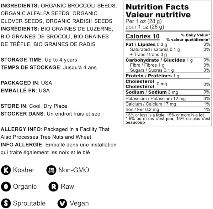 Food to Live Organic Salad Mix of Sprouting Seeds, 8 Ounces — Non-GMO Broccoli, Radish, Clover, Alfalfa. Rich Germination Rate, Non-Irradiated, Kosher, Vegan Superfood, Bulk, Rich in Sulforaphane