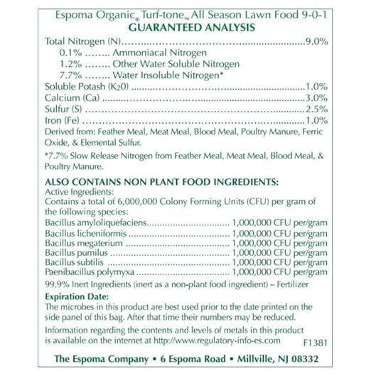 Espoma Turf-Tone All Season Organic Lawn Food with Iron & Exclusive Bio-Tone Formula - Slow Release Long Lasting Feeding for All Lawns - Granular Lawn Fertilizer for All Seasons - Made In USA, 14 lbs.