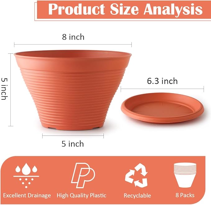 8 Pack 8 Inch Plant Pots with Saucers, Plastic Flower Pots with Drainage Holes, Large Planters for Indoor Outdoor Garden, House Plants, Flowers, Herbs, Gardening Gifts, Pottery Red