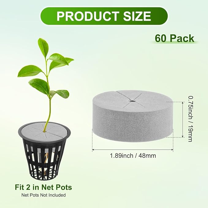 60-Pack Cloning Collars Inserts, Hydroponics Sponge Systems Cloning DIY Foam Cloner Inserts Fits 2" Net Pots for Hydroponic/DIY Cloner/Clone Machines/Plant Germination [Grey]