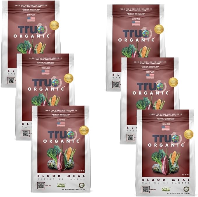 True Organic Blood Meal – High-Nitrogen Organic Fertilizer for Rapid Vegetative Growth – 3lb Bag Covers 104 Sq. Ft.- Case of 6