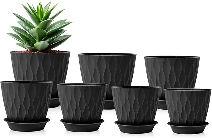 GARDIFE 7/6.5/6/5.5/5/4.5/4 inch Plant Pots, 7 Pack Flower Pots Indoor Outdoor, Planters with Drainage Holes and Tray Saucers (Black)