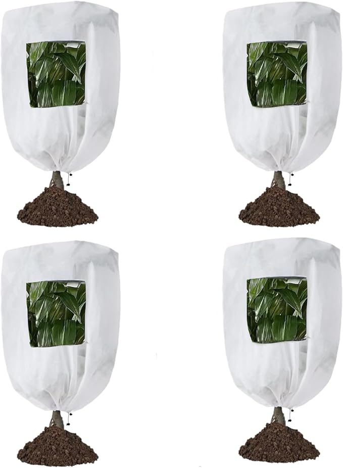 CMINGJ Plant Frost Protection Covers with Viewing Window, 31.5" x 47.2", 2.06oz/yd², Reusable Drawstring Tree Cover, Winter Tree Blanket with Zipper for Plants, Frost Protection Cloth (4 Pack)