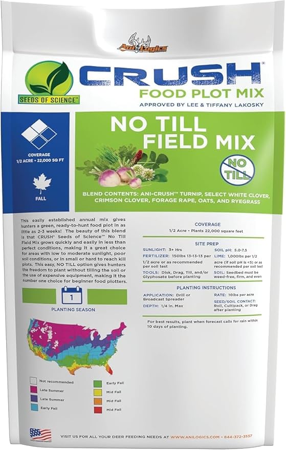 Ani-Logics Outdoors Crush No Till Field Mix Deer Food Plot Seed, Remarkably Fast-Growing Blend, Hunt-Ready in 2-3 Weeks, No-Till Formula Simply Throw and Grow