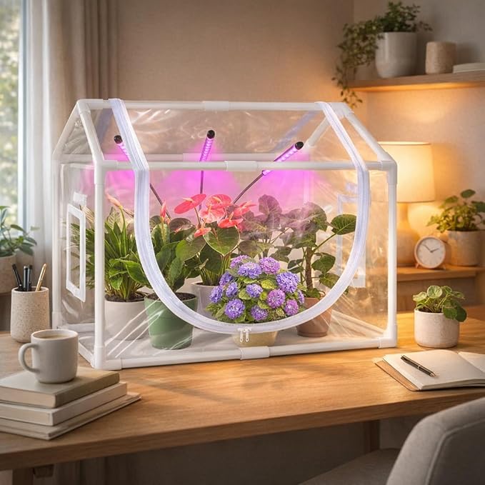 Tabletop Mini Greenhouse Indoor with Grow Light, Small Greenhouse Kit for Indoors, Tiny LED Plant Nursery with Timer & Zippered Door for Seed Starter, 25.6" L x 15.8" W x 20" H