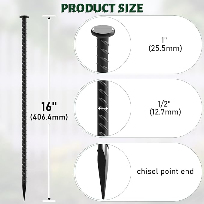 16 Inch Rebar Stakes - 1/2 Inch Diameter Galvanized Steel Ground Anchors Plant Support Metal Garden Stake Heavy Duty Anchoring Spikes for Speed Bump, Parking Curb and Camping Tent (10 Pack)