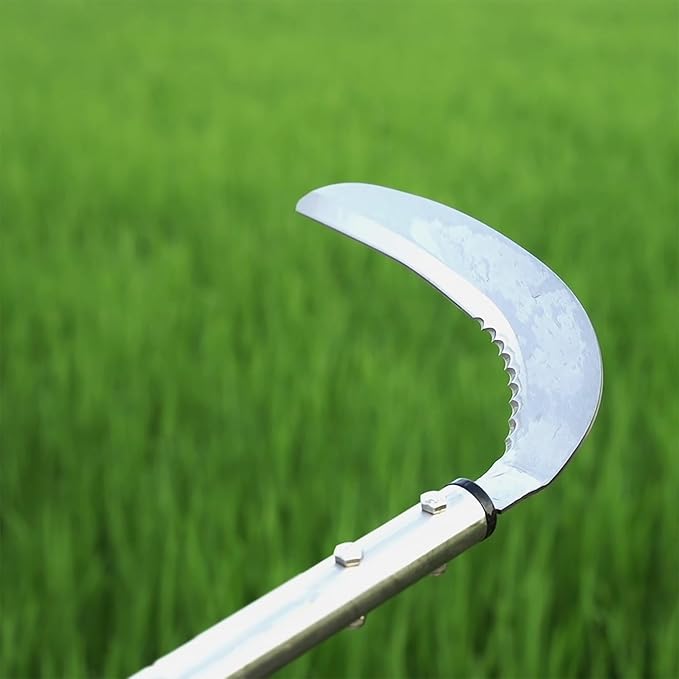 Weeding Sickle, Serrated & Plain-Edged Combined Steel Scythe 51-Inch Adjustable Long Handle, Lightweight Long-Handled Garden Sickle Tool for Gardens, Yards, Fields & Overgrown Areas