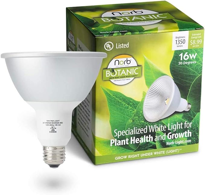 Norb NorbBOTANIC Full Spectrum Grow Light Bulb, Premium PAR38 LED Plant Light, 16W White Light for Indoor Plants, Herbs, Tropical Plants, 15 Degree