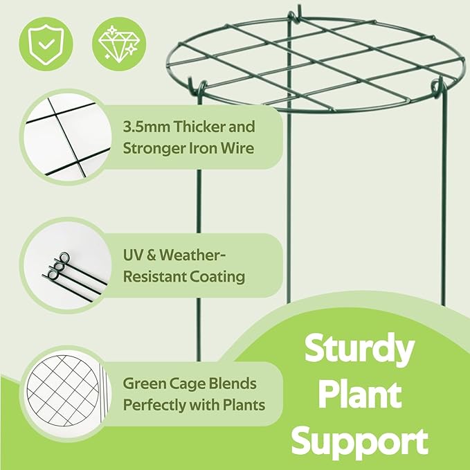 8 Pack Peony Cages and Supports - Grow Through Plant Support for Outdoor Plants - Sturdy Metal Support Frame for Peonies, Roses Flower Garden Cage - Wide Top Rings Bouquet Shape 12" D x 16" H
