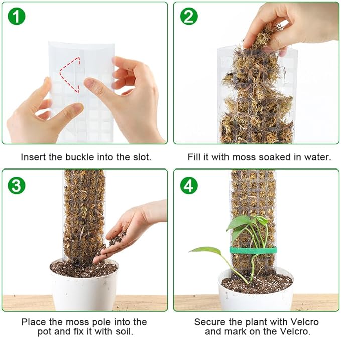 Bonviee 4-Pack 15-Inch Plastic Moss Poles for Monstera & Climbing Plants - Stackable to 60 Inches, Includes Sphagnum Moss & Garden Ties for Indoor Plant Support